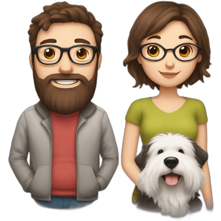 Pregnant girl with half long brown hair with glasses, a boy with long beard, glasses and short hair and english sheepdog emoji