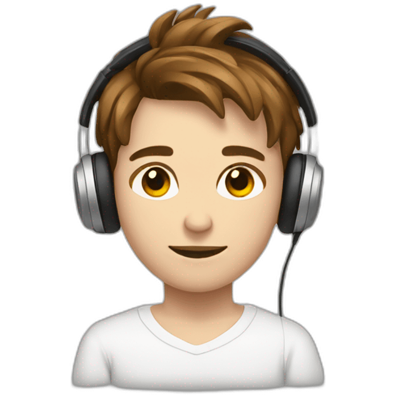 Teenager with brown hairs. Hearing music by headphones. White pullover emoji