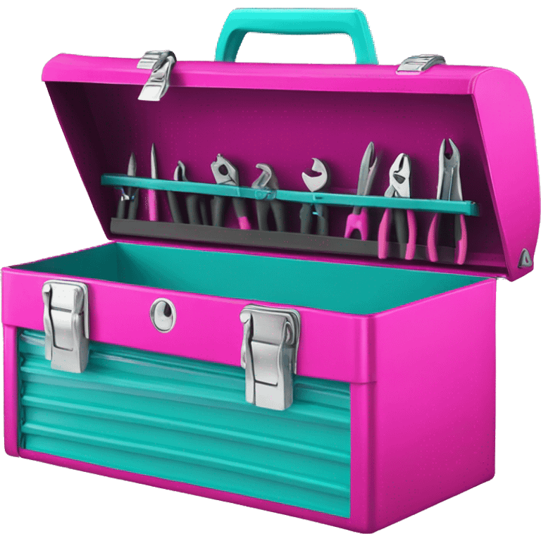 Realistic metallic hot pink and turquoise tool box with top open and tools inside of it isolated.  emoji