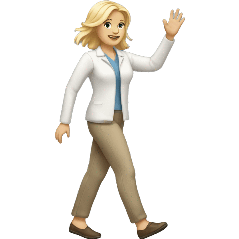 walking white woman, a blonde, friendly waving emoji