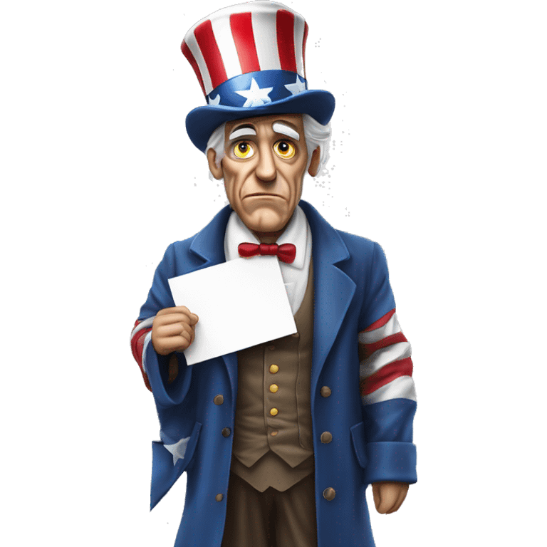 Uncle Sam with pitiful eyes holds a sign at full height waist photorealistic serious emoji