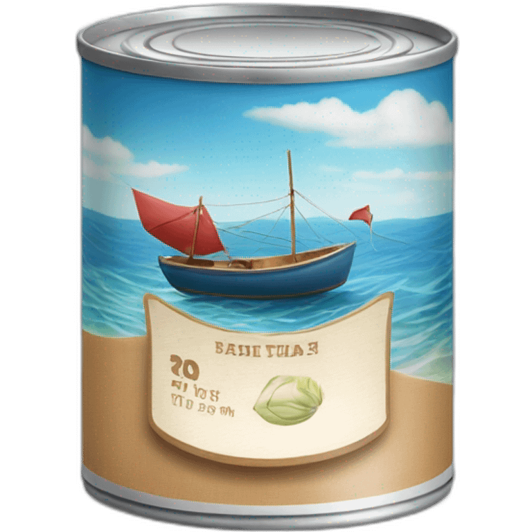 realistic can of tuna fish sowing the shape of a sailling boat on a sea background emoji