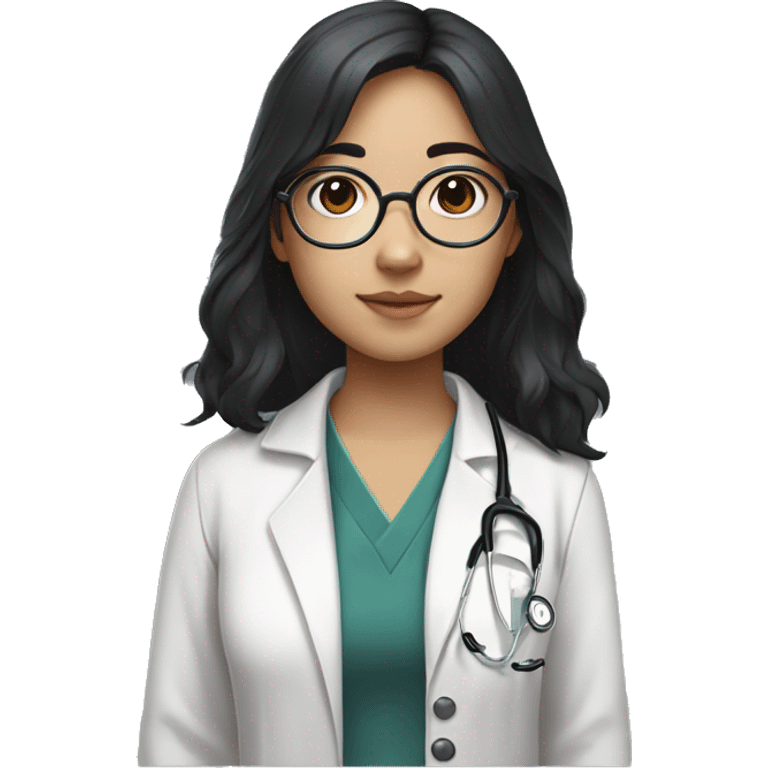 Asian girl, with white skin tone, black hair, wearing silver round harry potter glasses and a white scrub and a stethoscope  emoji