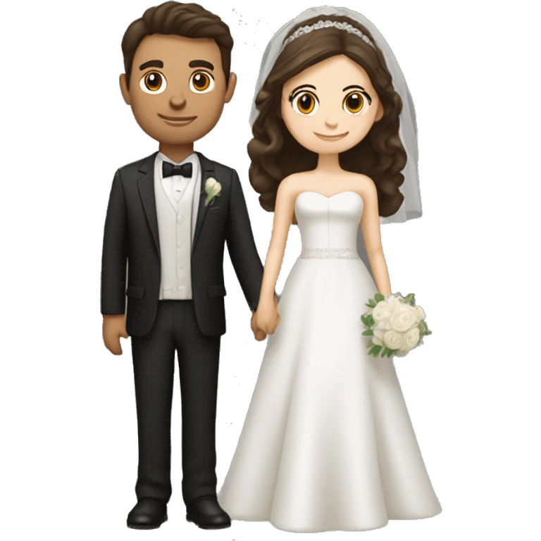 Bride with brown hair and groom with dark hair. Both are Caucasian. Groom isa little taller than the bride.  emoji