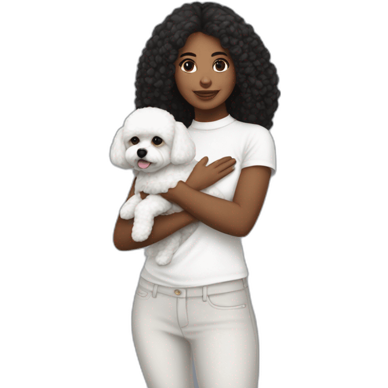 mujer pelo negro largo piel blanca y perro bichon blanco emoji