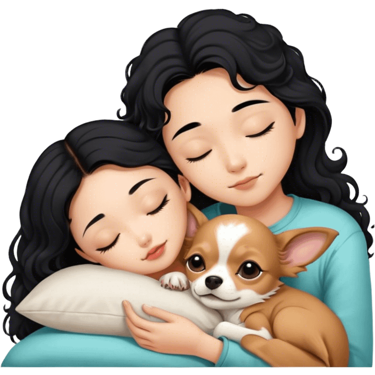 Coquette teenage cute asian black hair girl sleeping with brown longhair chihuahua and guy with black curly hair emoji