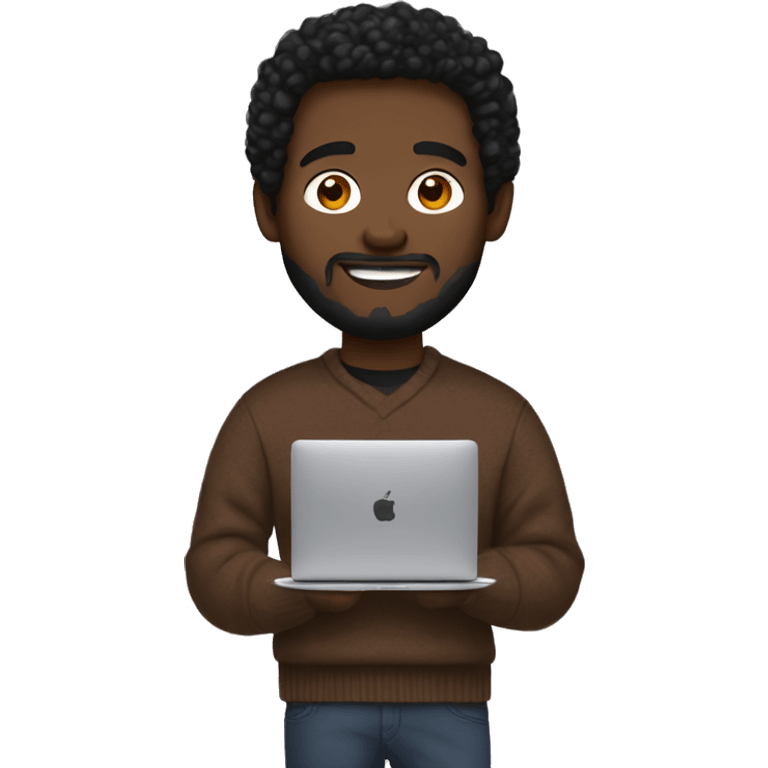 Designer with a MacBook with dark hair in brown sweater and Air Pods Max  emoji