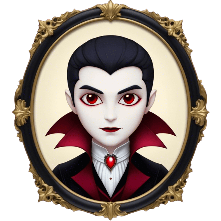 Cinematic Noble Vampire Portrait Emoji, Elegant and commanding, with a refined, pale visage framed by dark, velvet accents and a hint of crimson, exuding timeless seduction and dangerous allure, simplified yet exquisitely detailed, glowing with a soft nocturnal radiance and a subtle, mysterious outline that captures the regal spirit of an immortal lord of the night! emoji