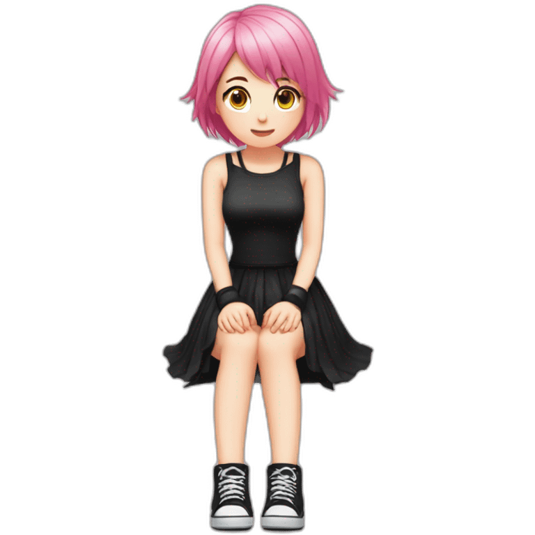 Full body Front view curvy emo girl pink hair sits on the floor straight view hands up black skirt белые трусики полосатые рваные чулки emoji