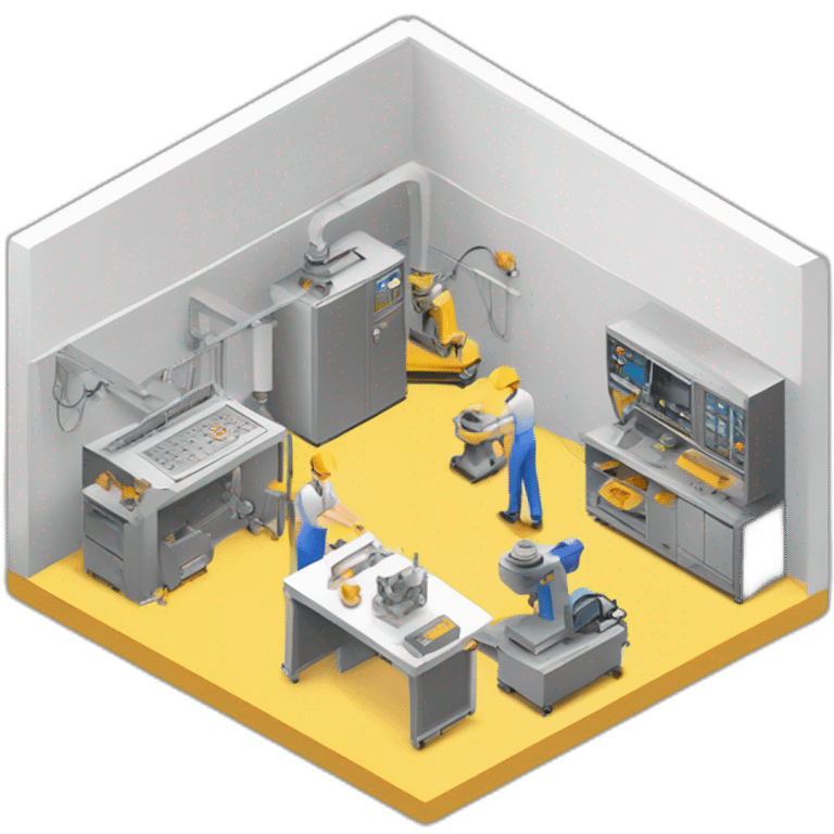 isometric square transparent solid outline border containing indoor creative workshop handmade factory three people actively working cnc machine tools vacuum simple clean industrial emoji