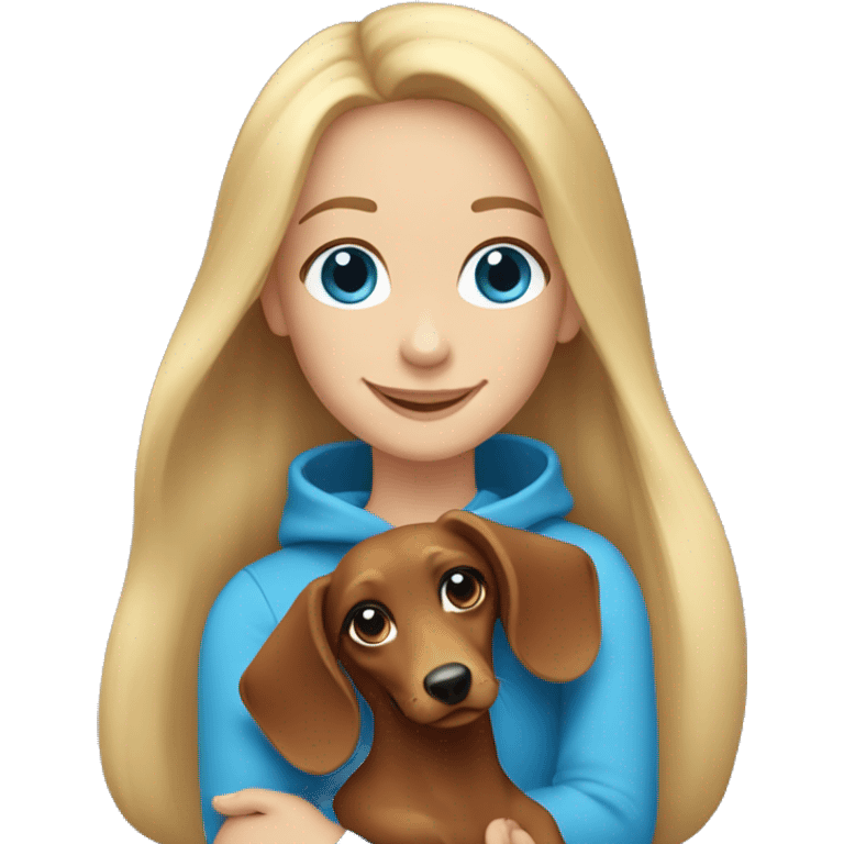 a smiling girl with blonde long hair and blue eyes holding a long haired dachshund in her arms emoji