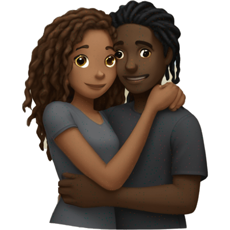 Brown girl with wavy hair hugging black boy who has dreads  emoji