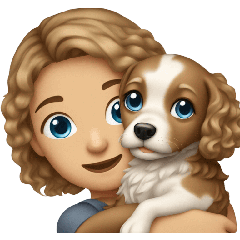 Please create a girl who hugs her pet doggie. The girl has a cute face and so does the doggie. The girl has light skin, blue eyes and light wavy long hair. emoji