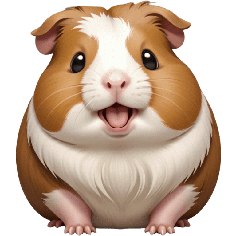 Cinematic Cute Yawning Brown and White Banded Guinea Pig Portrait Emoji, Head tilted slightly with a dramatic, wide-open yawn, revealing a soft, banded fur of brown and white with tiny, droopy ears, round dark eyes barely open in drowsy contentment, Simplified yet irresistibly adorable features, highly detailed, glowing with a soft, cozy glow, high shine, relaxed yet expressive, stylized with a touch of whimsy, bright and endearing, soft glowing outline, capturing the essence of a sleepy yet affectionate guinea pig, so drowsy it feels like it could stretch out of the screen and curl up for a nap! emoji