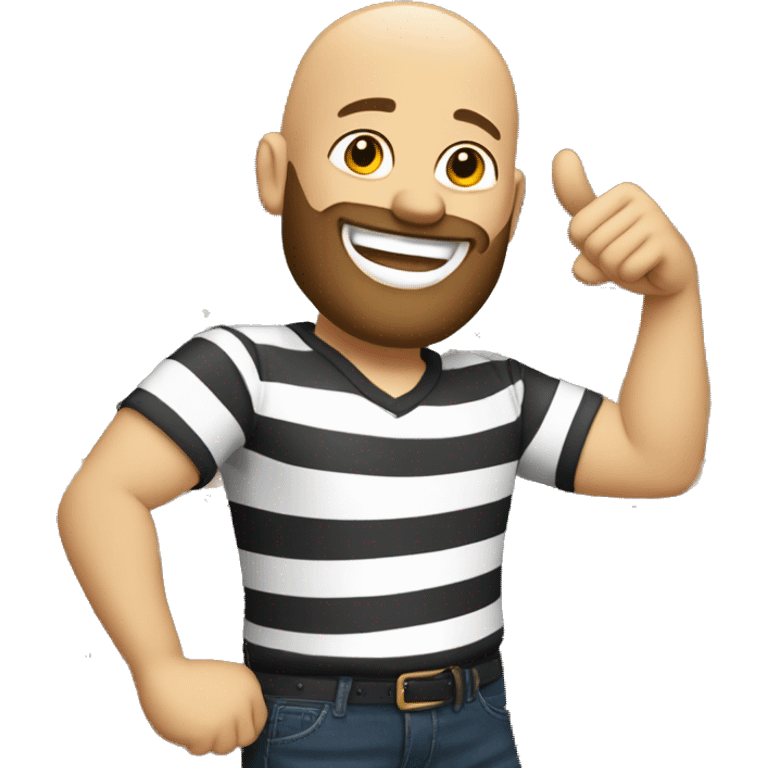 Bald, bearded man, smiling, striped shirt l, black pants, leaning on a bar, giving thumbs up emoji