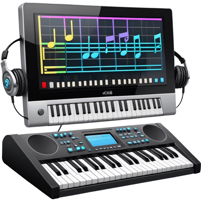 Create a professional and artistic emoji that represents writing music tracks. The design should feature a large monitor displaying musical notes or a score, positioned in front of a professional Korg synthesizer. Add elements like studio headphones, a MIDI keyboard, and an audio interface to symbolize the tools used in music production. Use sleek, modern colors like silver, black, and neon accents to convey the professional environment of music composition. The background should be transparent. emoji