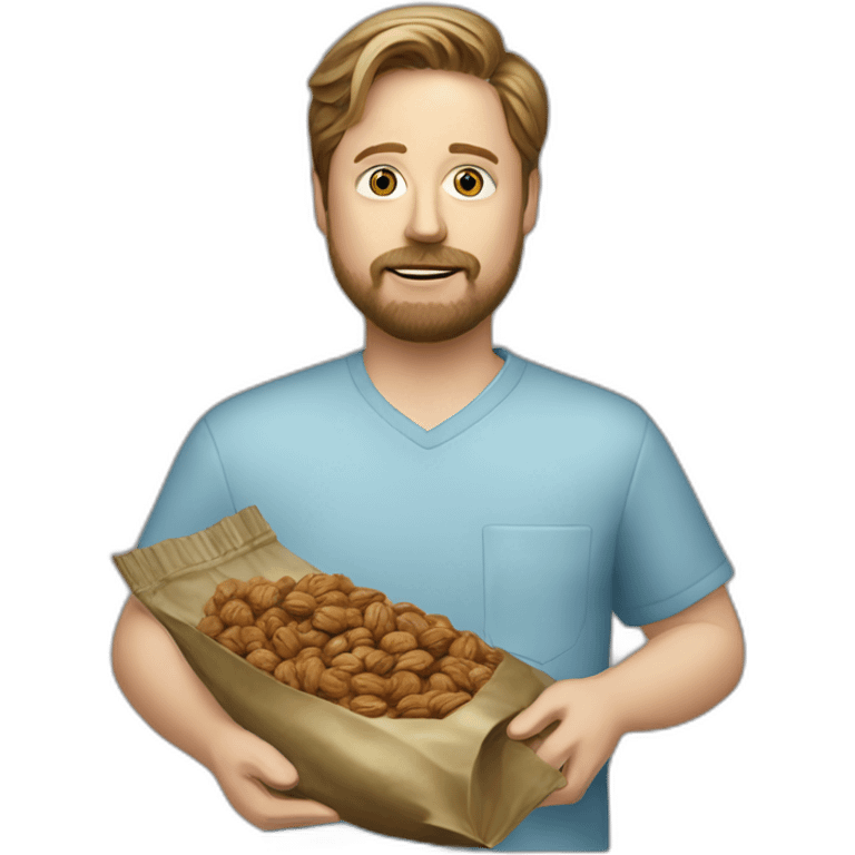 tim heidecker with a beard holding a ziploc bag of walnuts emoji