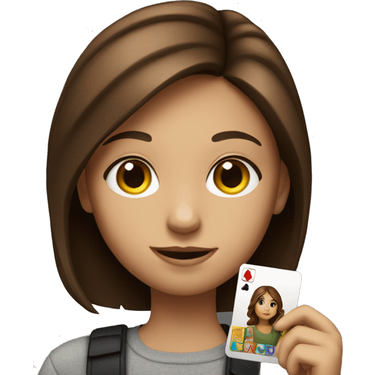 Girl with brown hair holding and uno card emoji