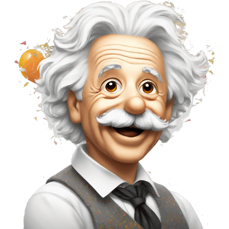 happy albert einstein with colourful confetti and party balloons emoji