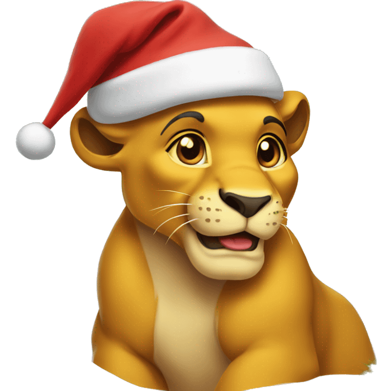 Simba with winter Santa hat infront of Christmas tree emoji