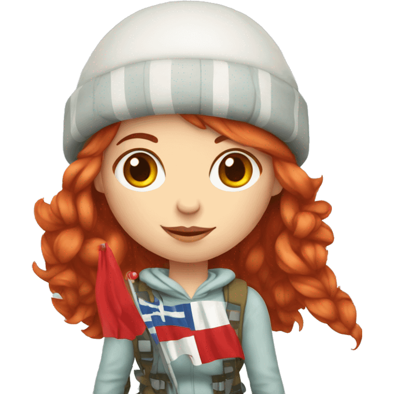 female winter mountaineer red hair holding red easter egg and greek flag  emoji