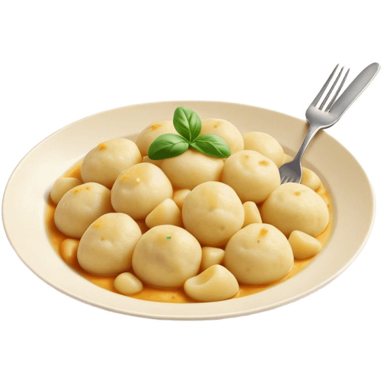 Gnocchi Cinematic Realistic Gnocchi Dish Emoji, depicted as tender potato dumplings garnished with iconic fork marks on top, rendered with soft textures and warm, inviting lighting. emoji