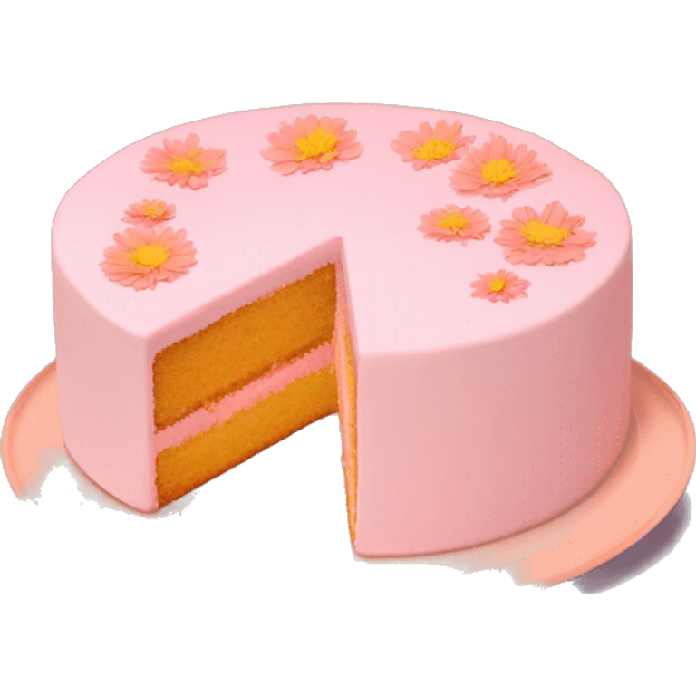 light pink and light orange cake on peach colored plate with light pink mums and cosmos and zinnias emoji