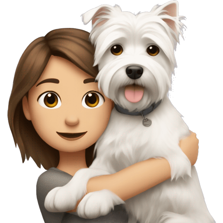 girl with brown hair hugs a west highland white terrier  emoji