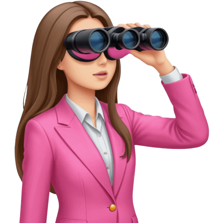 woman with long hair in an intensive color pink suit looking through binoculars, front viewi emoji