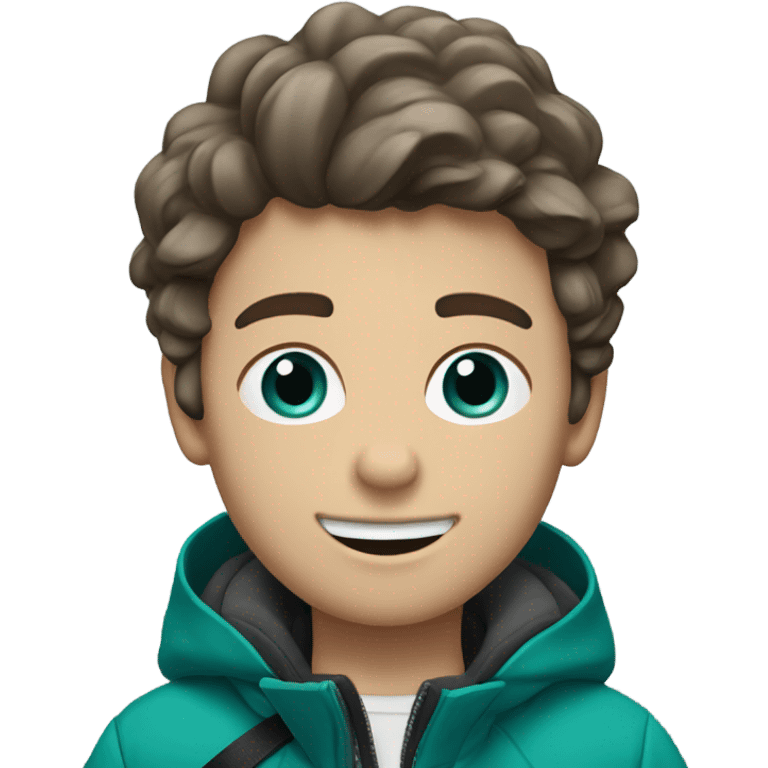 Boy skiing with teal color skis. He has brown wavy hair. He is wearing black pants. And a gray coat jacket emoji