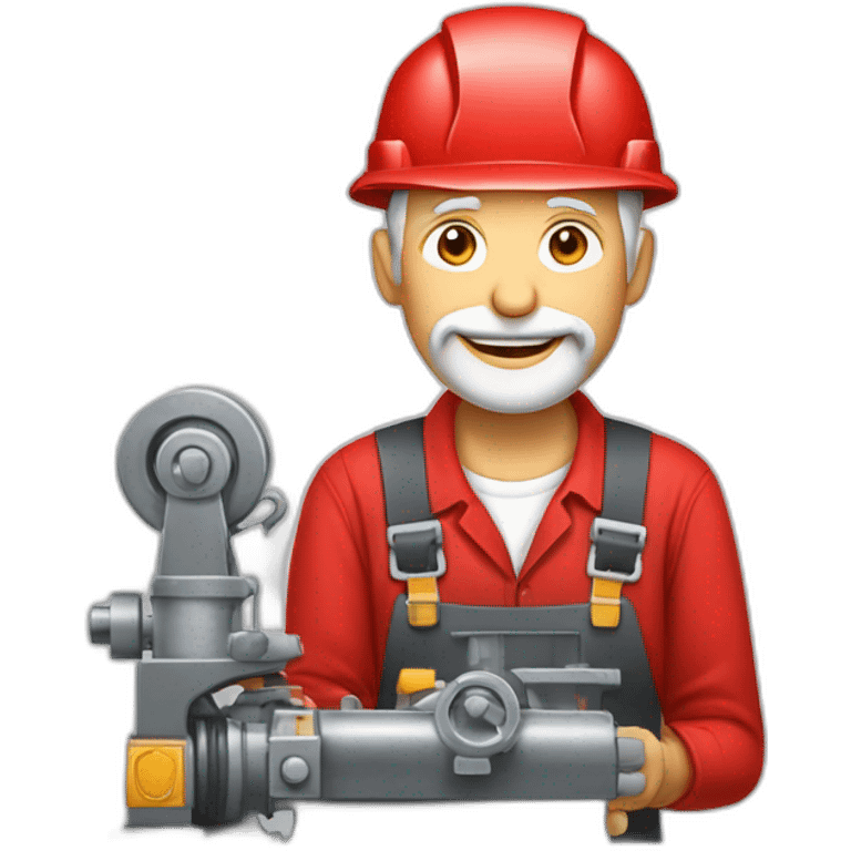 Industrial professional senior mechanical assembler working on the assembly of heavy machinery with a red outfit emoji