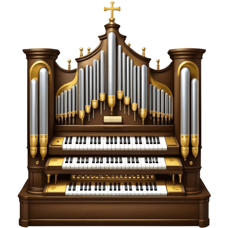 Create an elegant and majestic emoji representing a classical church organ. The emoji should feature the grand pipes of the organ in the background, with visible details of the keys and pedalboard in the foreground. The pipes should be tall and impressive, with a mixture of gold, silver, and metallic shades to emphasize the grandeur of the instrument. The keyboard and pedals should be well-defined, capturing the intricate craftsmanship of the organ. Use dark wood tones and gold accents for the body of the instrument to give it a rich, historic feel. Add subtle musical notes around the organ to evoke its deep, resonant sound. The background should be transparent. emoji