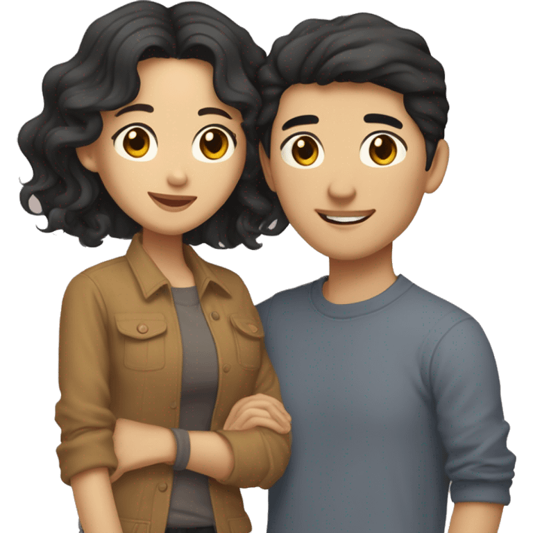 A half pale Asian man with short dark hair and amber eyes embracing and loving a half Asian woman with long wavy dark hair and dark hazel eyes. They love each other a lot And have good fashion taste. And are having a lot of fun emoji