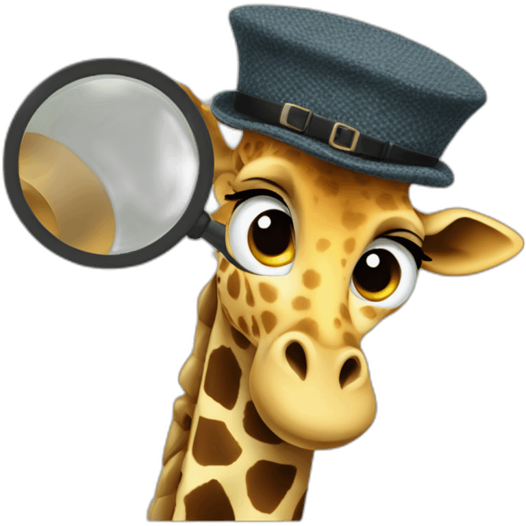 A tall, spotted giraffe wearing a tweed detective's cap, peering through a magnifying glass. emoji