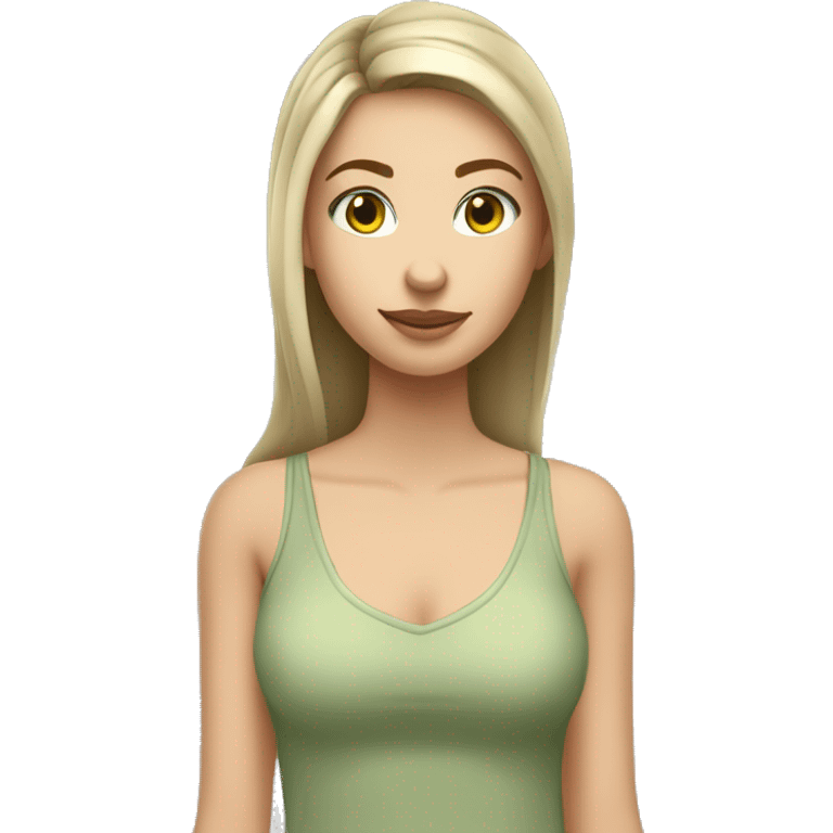 A 4,10 girl looks 5/10 blonde brown hair grey tank top with  pale green Chicargo pants hazel eyes oliv skin hair medium to long emoji