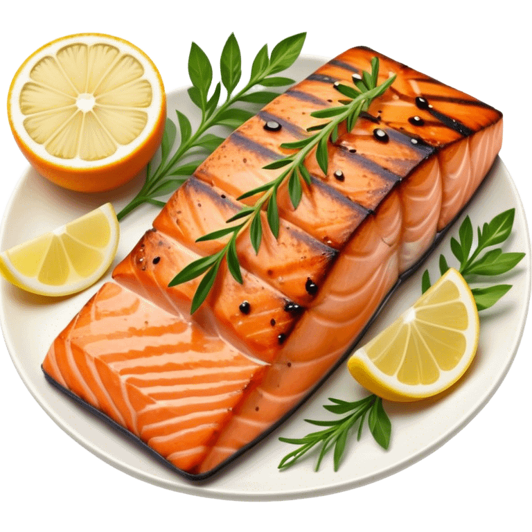 Cinematic perfectly grilled salmon, rich orange hues with crispy skin, garnished with fresh herbs, drizzled with lemon, ultra-detailed and delicious. emoji