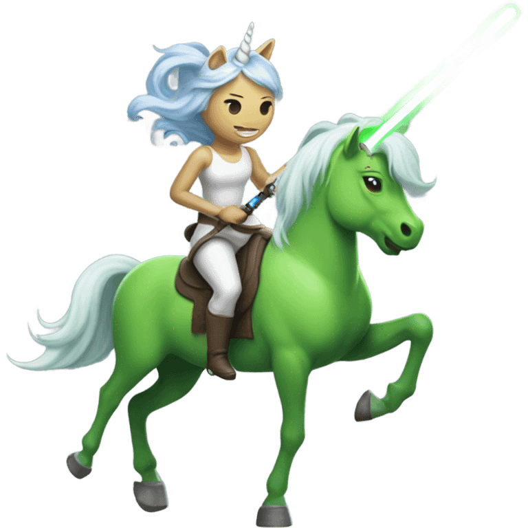 a unicorn with a green alien woman on it holding a lightsaber emoji