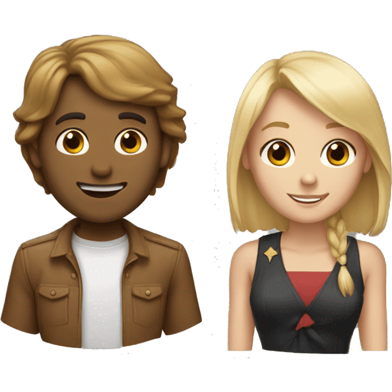 A white guy with shoulder length brown hair and bangs and a girl with blonde hair  emoji