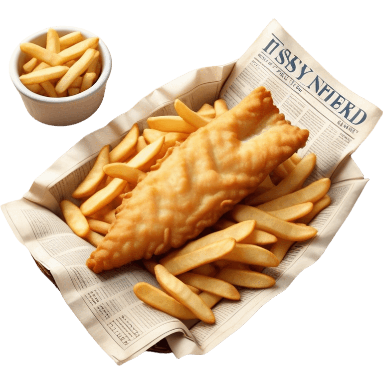 Fish and Chips Cinematic Realistic Fish and Chips Dish Emoji, depicted as a crispy battered fish fillet and golden chips served in traditional newspaper wrapping, rendered with lifelike textures and warm natural lighting that captures its iconic British street food charm  . emoji