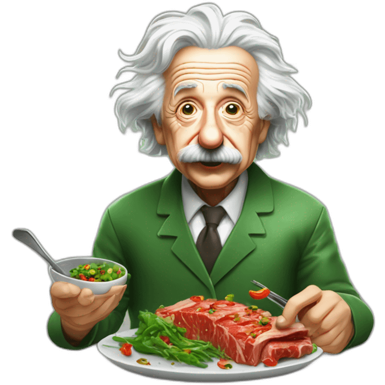 Albert Einstein comiendo carne asada condimentada con pimientos verdes   emoji