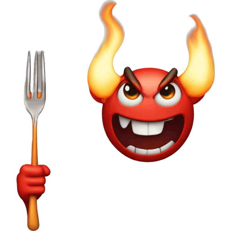 Devil face with a big mischievous smile with a fork and flames emoji