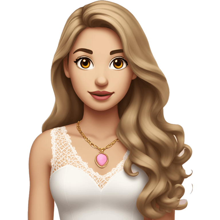 fair-skinned girl with dark brown, slim shaped eyes and long lashes. long, light brown hair styled in a voluminous, wavy blowout. wearing a delicate white lace tank top and a dainty gold necklace, plump pink lips. emoji