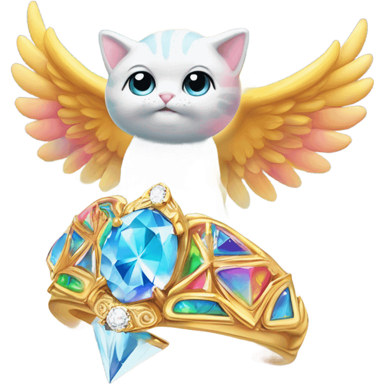 Heavenly Rainbow 4d Diamond ultra Omni-Cat God with wings and a ring around its body and another ring above it’s head  emoji