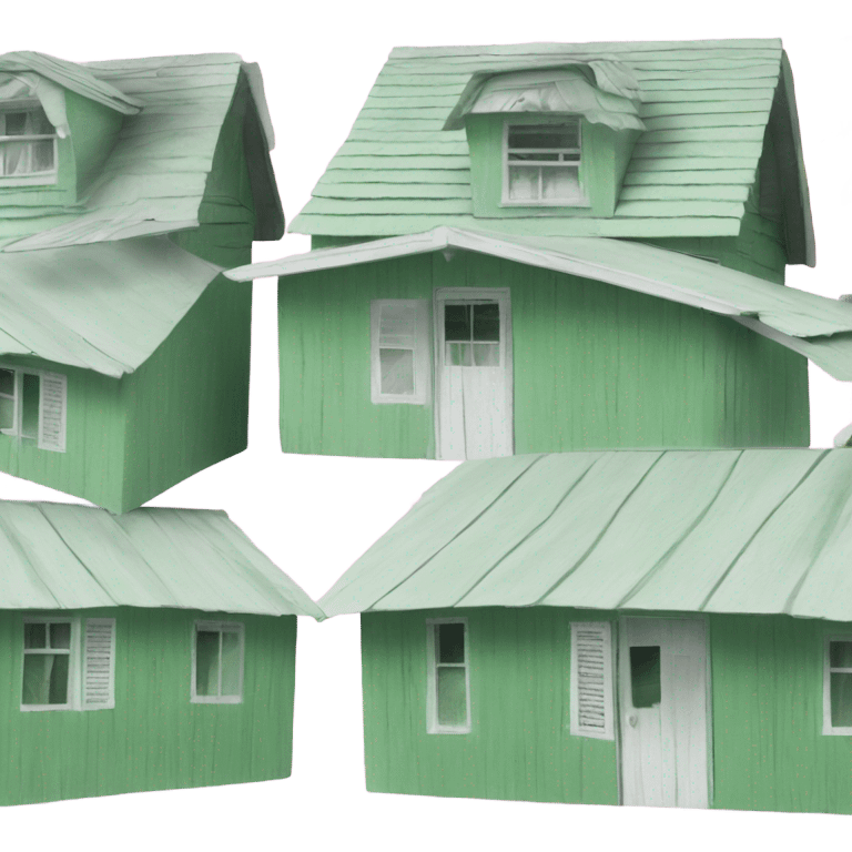 Small pink shack green shutters white roof emoji