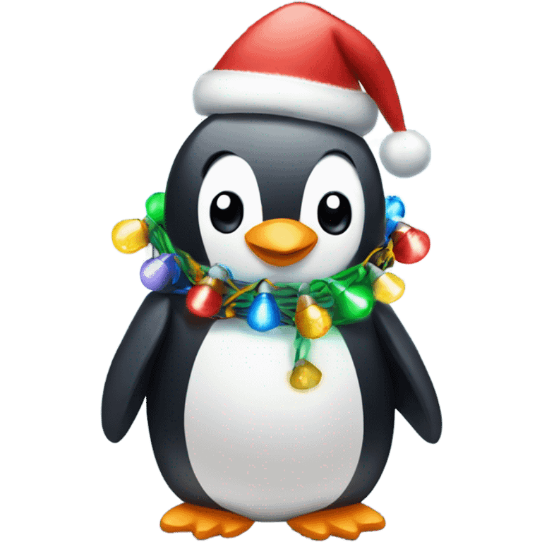 Penguin wrapped in Christmas lights emoji