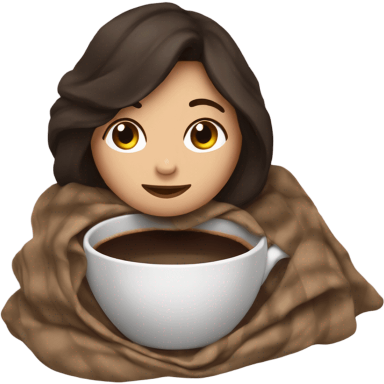 Dark brown hair girl inside a blanket sipping cup of coffee eyes closed emoji