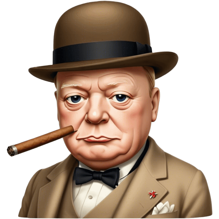 Cinematic Realistic Winston Churchill Portrait Emoji, depicted as a resolute British statesman with a signature bowler hat and a cigar, exuding determined leadership and wartime valor, rendered with lifelike textures and dramatic vintage lighting that captures his iconic British spirit. emoji