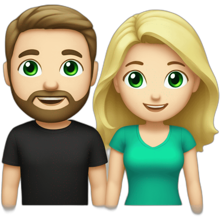 A happy couple, blond chubby girl with blue eyes and black haired and bearded man with green eyes. The man wears a black t-shirt emoji