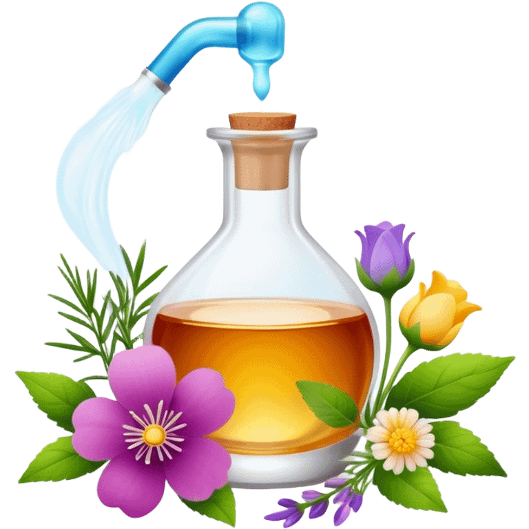 Perfume making icon, delicate glass bottle being filled with colorful essential oils from droppers, swirling mist rising from the bottle, flowers and herbs nearby, minimalistic style, clean lines, transparent background. emoji