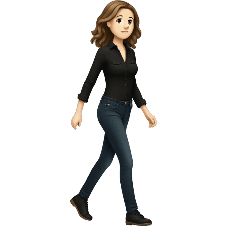 A white  girl with shoulder-length brown hair in black jeans and a black blouse is walking to the right emoji